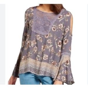 Knox Rose Cold Shoulder Long Sleeve Floral Crochet Boho Tunic Top Womens L